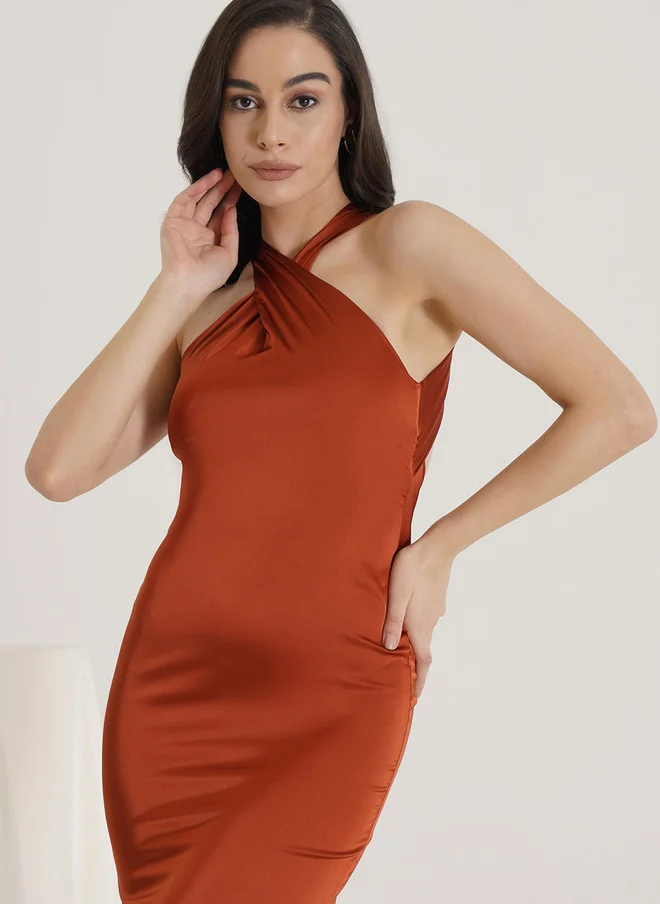 PRIZO PRIZO Women Halter Neck Sheath Maxi Dress in Mocha Mousse